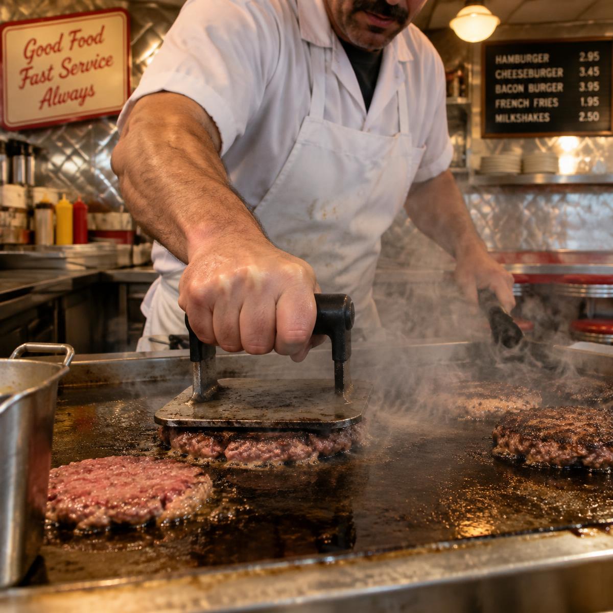 Smashing patties on a hot griddle
